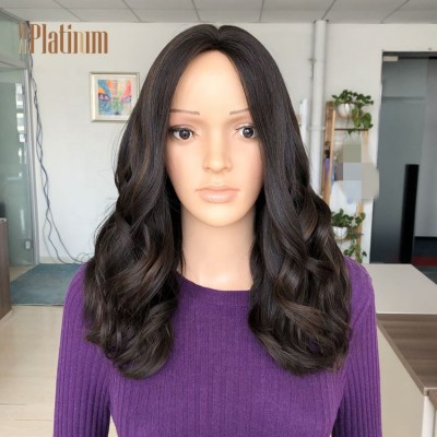 Wholesale 19 inches dark brown multidirectional silk top wavy European hair Jewish wigs with highlights